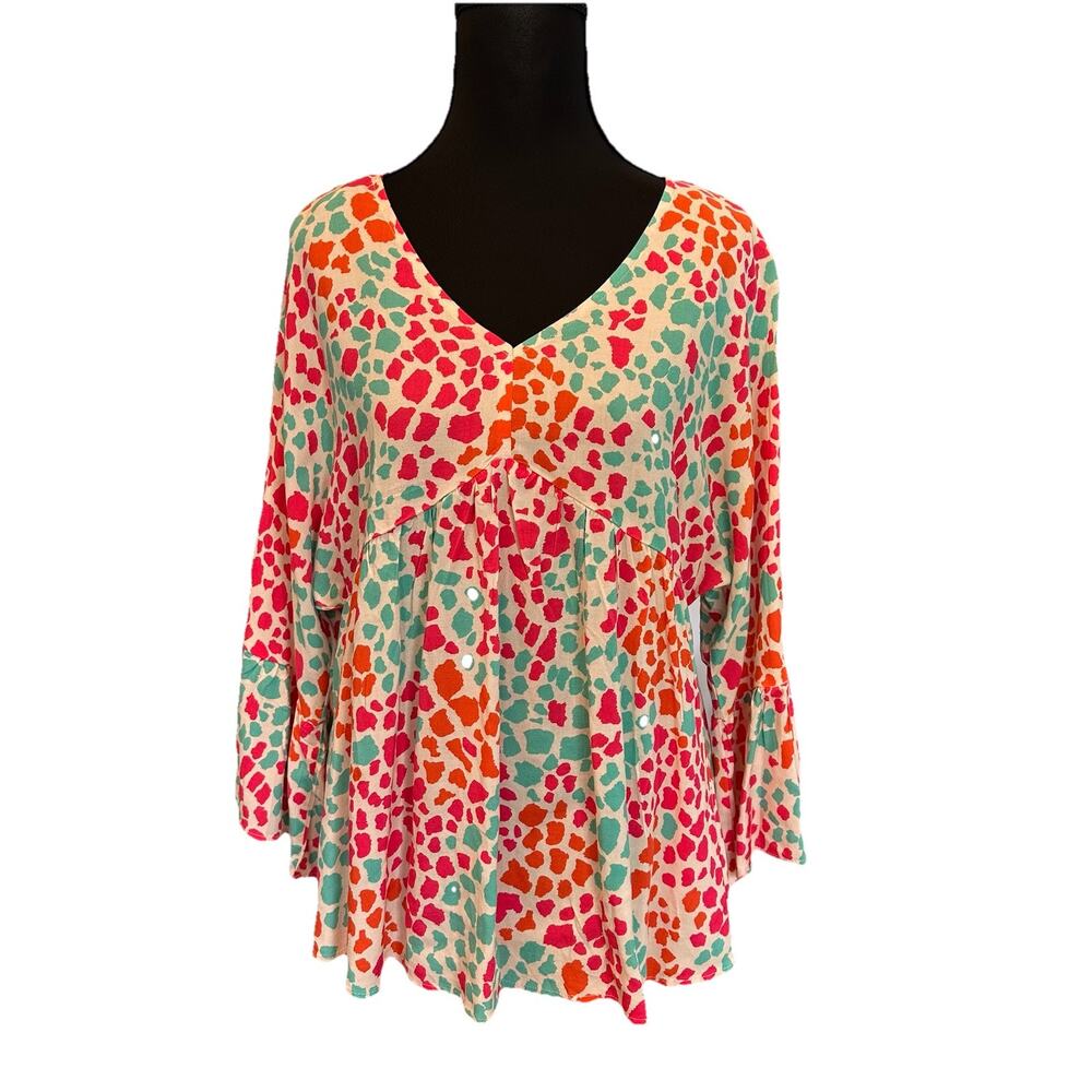 Lilymaes Babydoll Blouse Womens Small‎ Abstract Bell Sleeve Boho Top Rayon